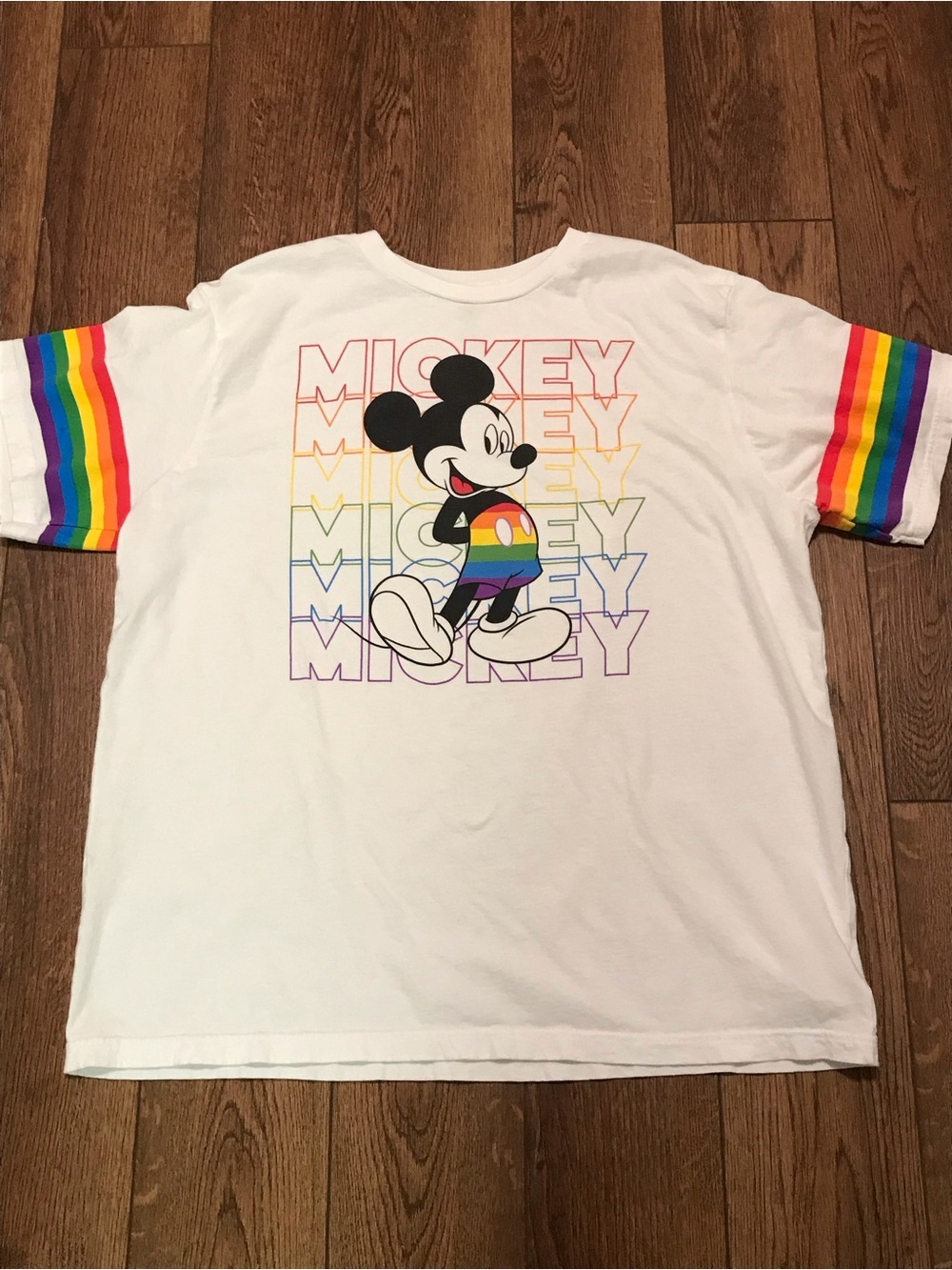 Disney White Tee with Rainbow-Sleeved Mickey Graphic